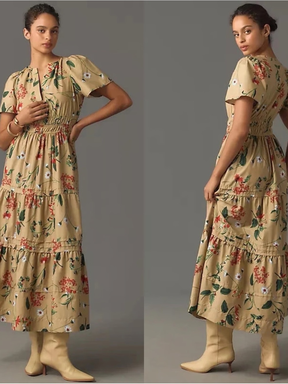Anthropologie Tan Floral Somerset Tiered Maxi Dress L